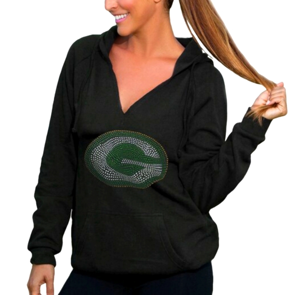 Black Women's V-Neck Hoodie Sweater with Greenbay Packers Logo